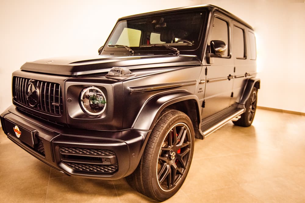 A black Mercedes-AMG G 63 in our showroom.